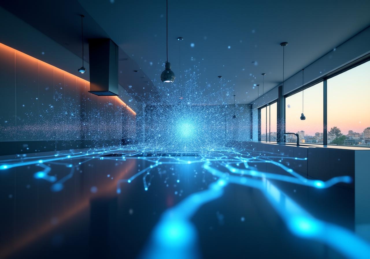 Abstract neural network visualization over a modern kitchen interior