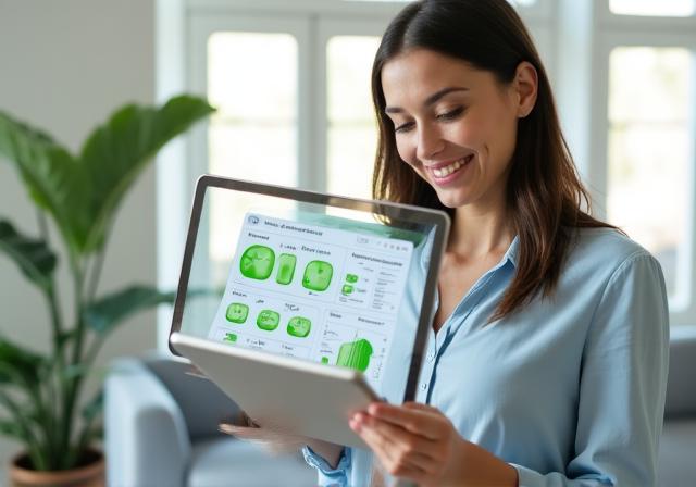 Homeowner looking at a smart home tablet displaying energy savings