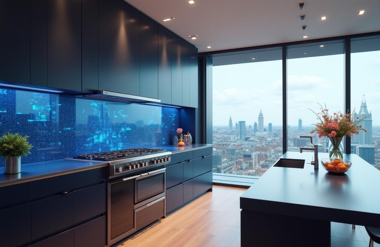 Futuristic smart kitchen with holographic AI interface