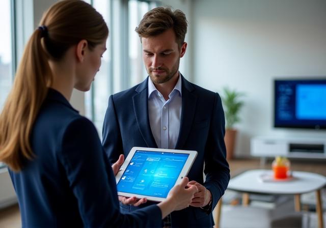 B2B collaboration meeting showcasing smart home technology on tablets